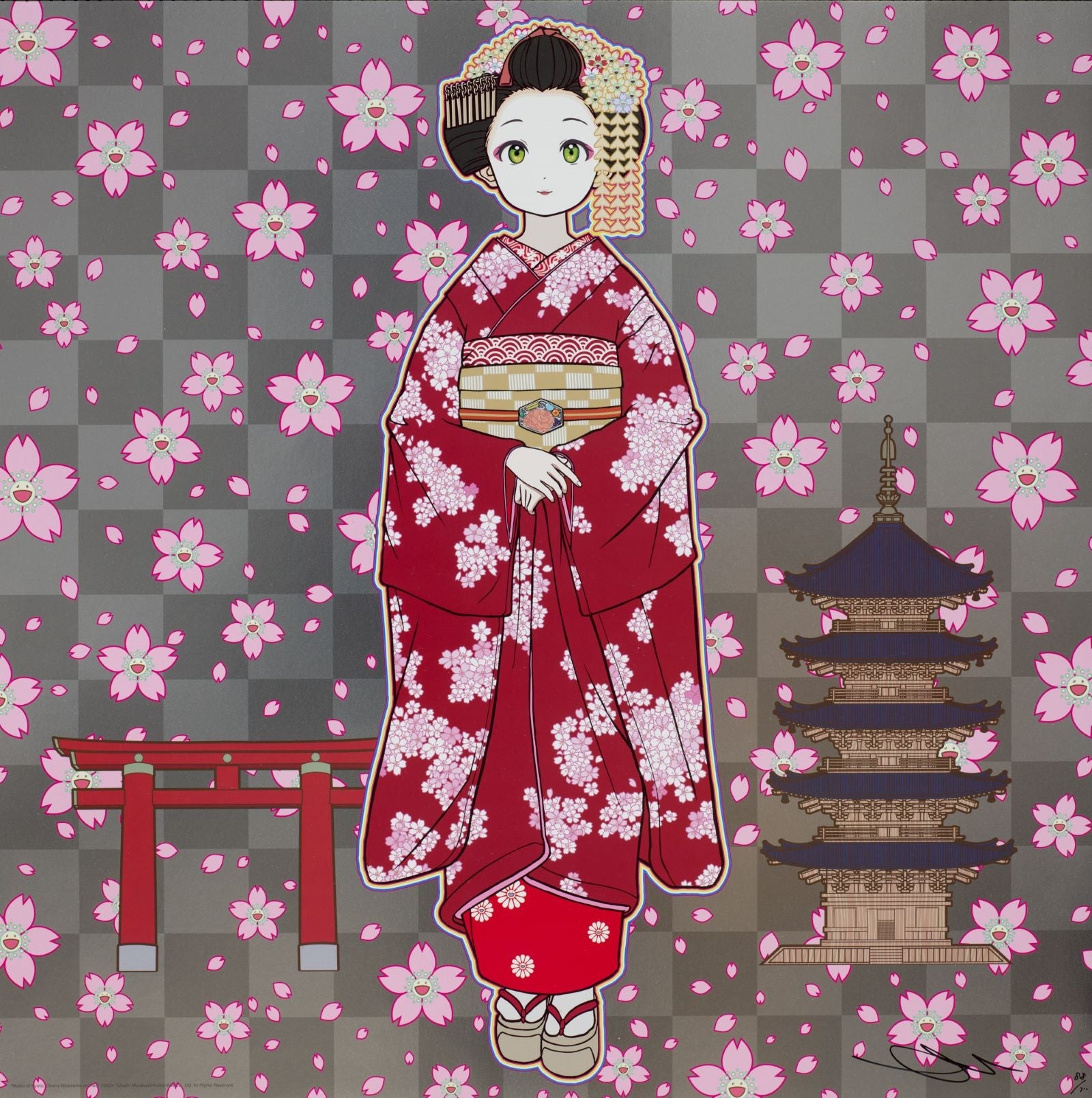 Maiko of Kyoto, Cherry Blossoms on Red, 2024 by Takashi Murakami